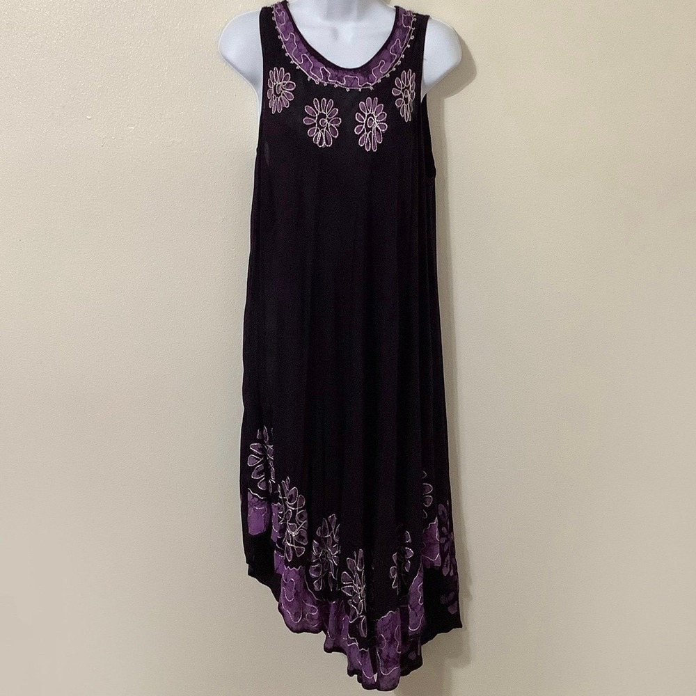 Purple Embroidered Bohemian Hippie Dark Feminine Renaissance Faire Midi Dress OS